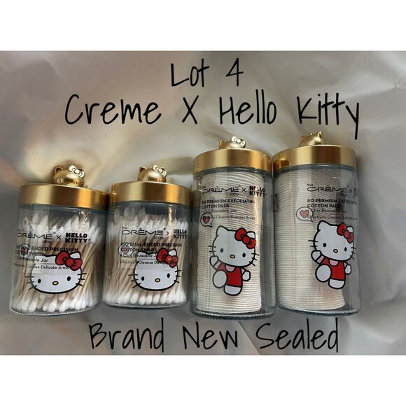 Creme Shop X Hello Kitty Cotton Swabs & Pads Reusable Glass Jars Gold Lids New - Picture 1 of 3